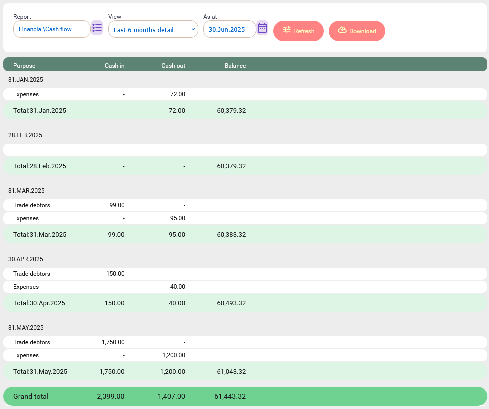 Last 6 months Cash Flow report