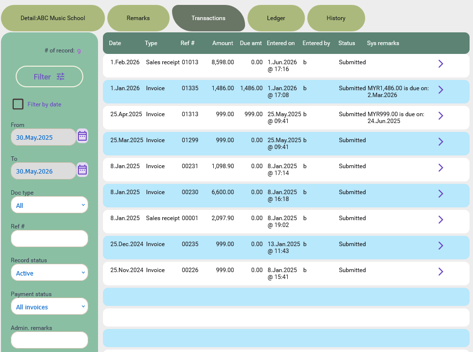 Transaction tab on the customer profile on desktop view