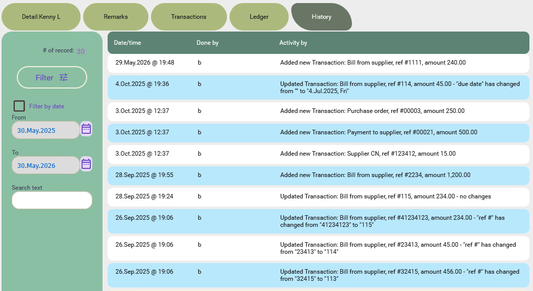 History tab on the supplier profile on desktop view