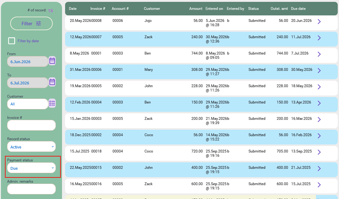 Filter by due status in the Accounting System